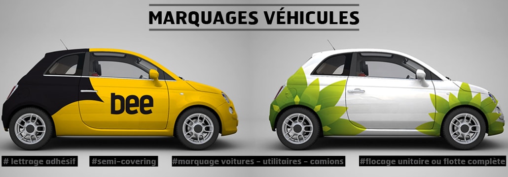 Marquage sur une voiture et flocage d'un véhicule utilitaire.